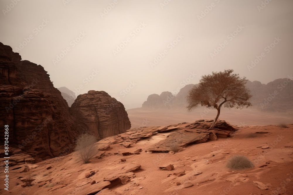  a lone tree in the middle of a desert area with mountains in the background and a foggy sky above i