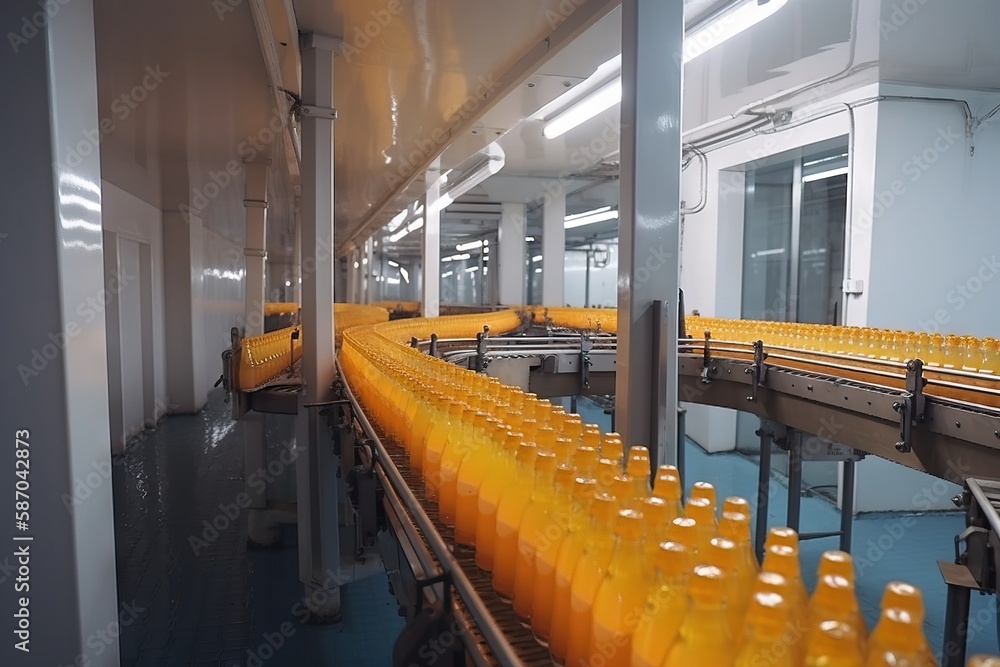  a line of bottles filled with orange liquid on a conveyor belt in a factory with a conveyor belt in