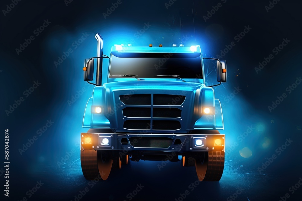  a blue semi truck with a bright light on its head and lights on the front of the truck are on a dar