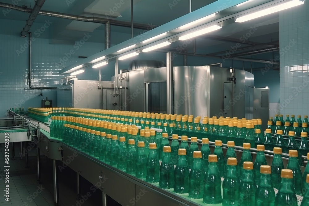  a line of bottles on a conveyor belt in a factory or assembly line with a conveyor belt in front of