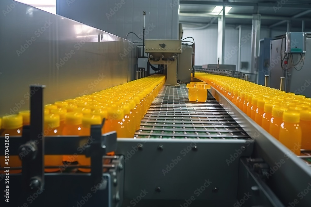  a line of orange juice bottles moving along a conveyor belt in a factory or assembly line, with a m