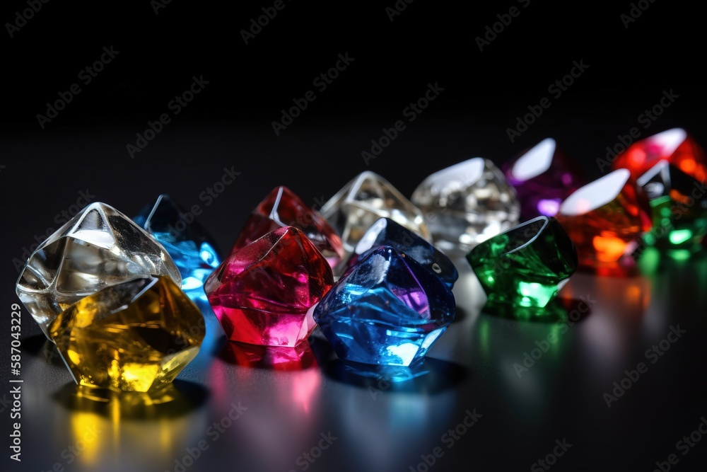  a row of different colored diamonds on a black surface with a reflection of the light on the side o