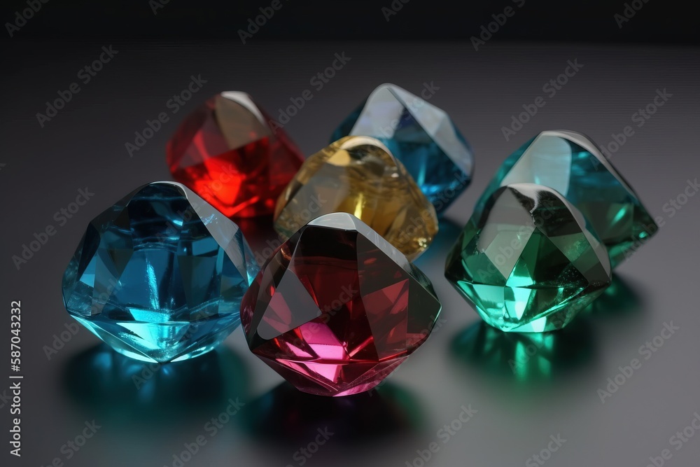  a group of different colored diamonds sitting on a counter top next to a black background with a re