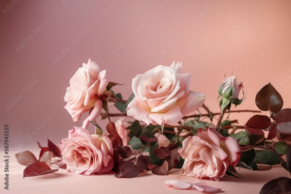  a bunch of pink roses sitting on top of a pink tablecloth with leaves and petals scattered around t