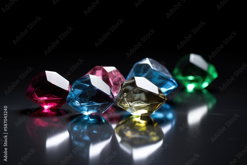  a group of different colored diamonds on a black surface with a reflection on the ground and a blac