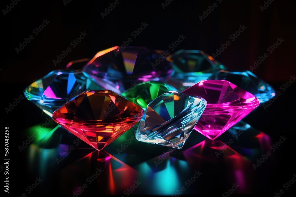  a group of different colored diamonds sitting on a black surface with a black background and a blac