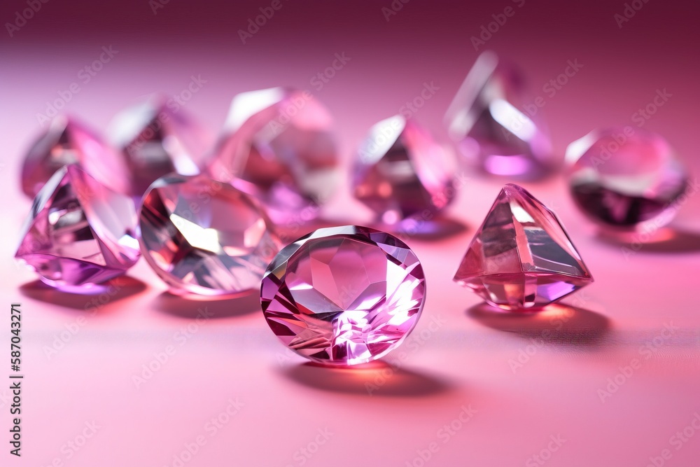  a group of pink diamonds sitting on top of a pink table top next to a pink background and a pink ba