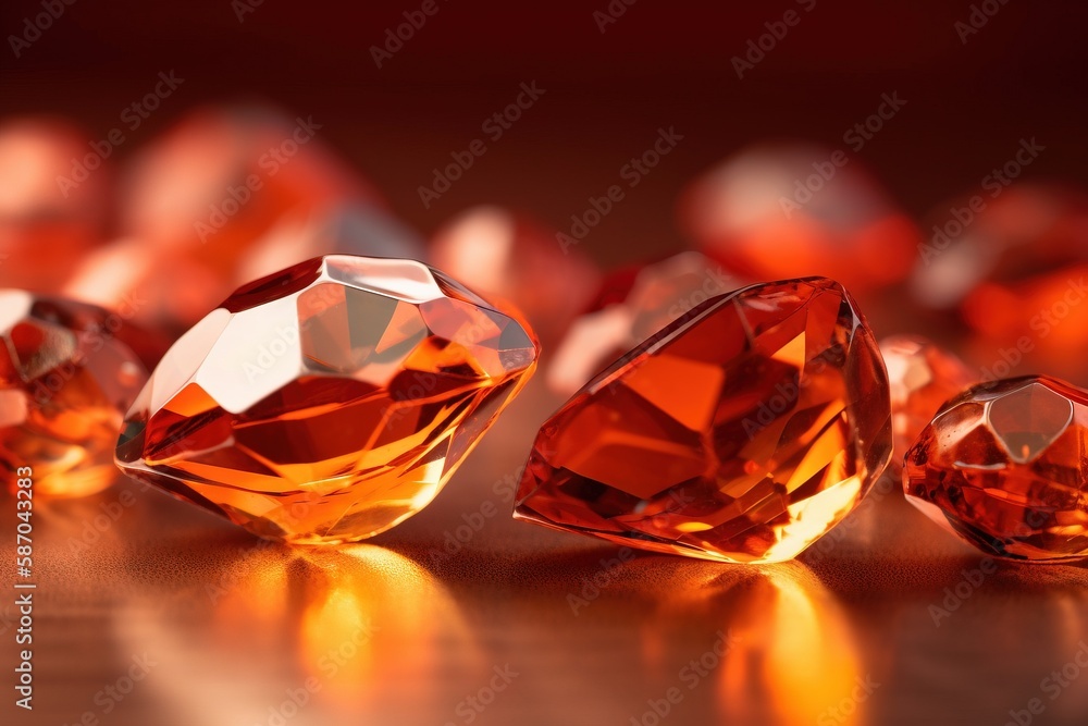  a group of orange diamonds sitting on top of a wooden table next to a red wall and a black backgrou