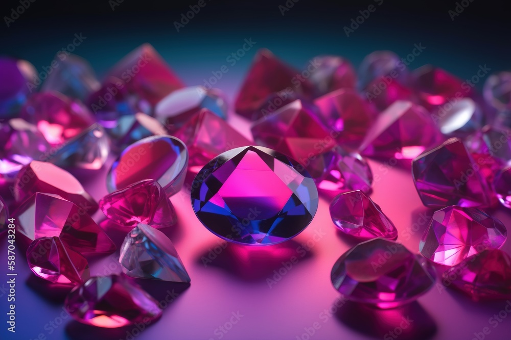  a group of pink diamonds on a purple surface with a black background and a pink light behind them a