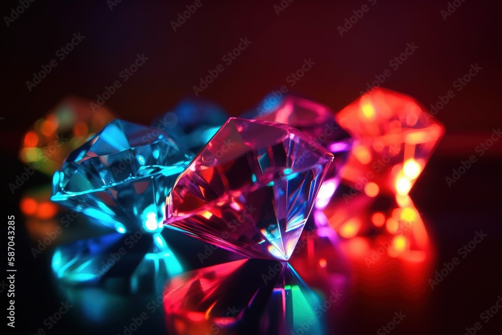  a group of different colored diamonds on a black surface with a red light in the middle of the pict