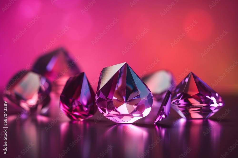  a group of pink diamonds sitting on top of a table next to a pink background and a pink wall behind