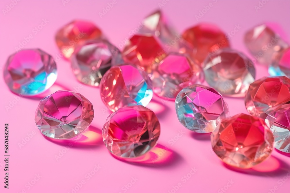  a bunch of pink and blue diamonds on a pink background with a pink background behind them and a pin