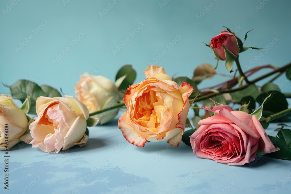  a group of three roses sitting on top of a blue table top next to a green leafy branch of a plant w