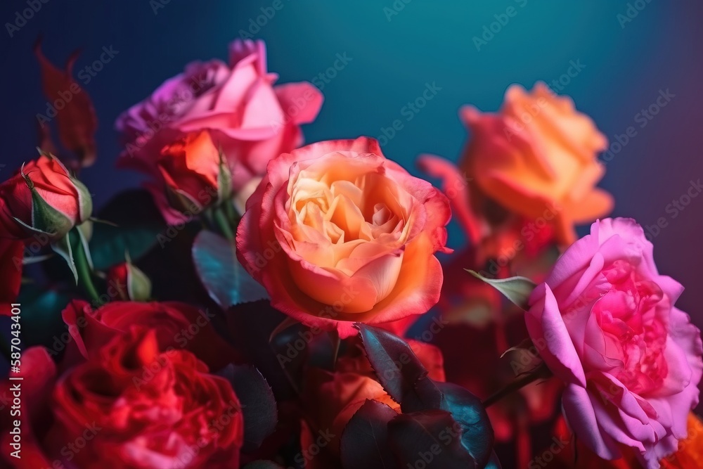  a bunch of pink and orange roses in a vase on a blue tablecloth with a blue background and a blue l