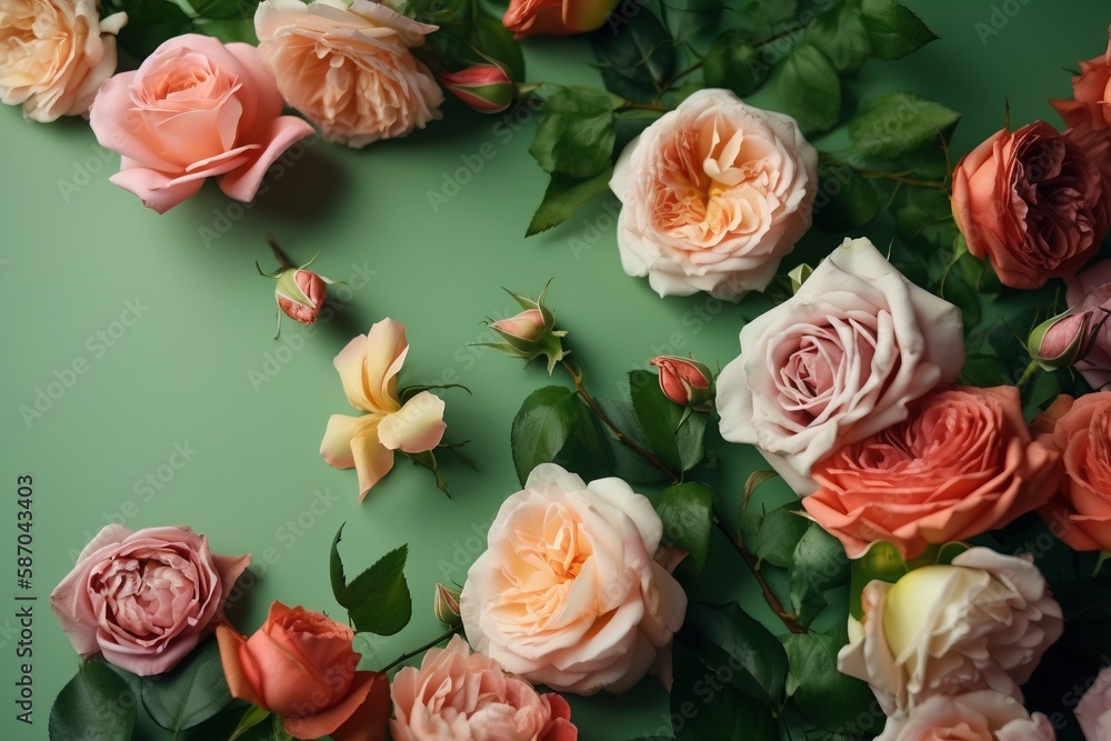  a bunch of flowers that are on a green surface with leaves and flowers around them on a green surfa