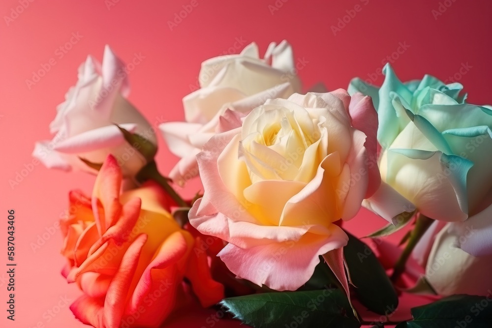  a group of colorful roses sitting on top of a pink table top next to a green leafy plant on a pink 