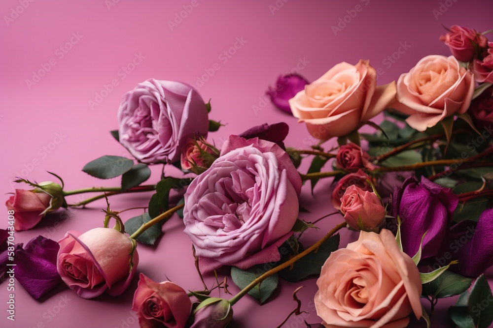  a bunch of pink and purple roses on a pink background with leaves and stems on the side of the fram