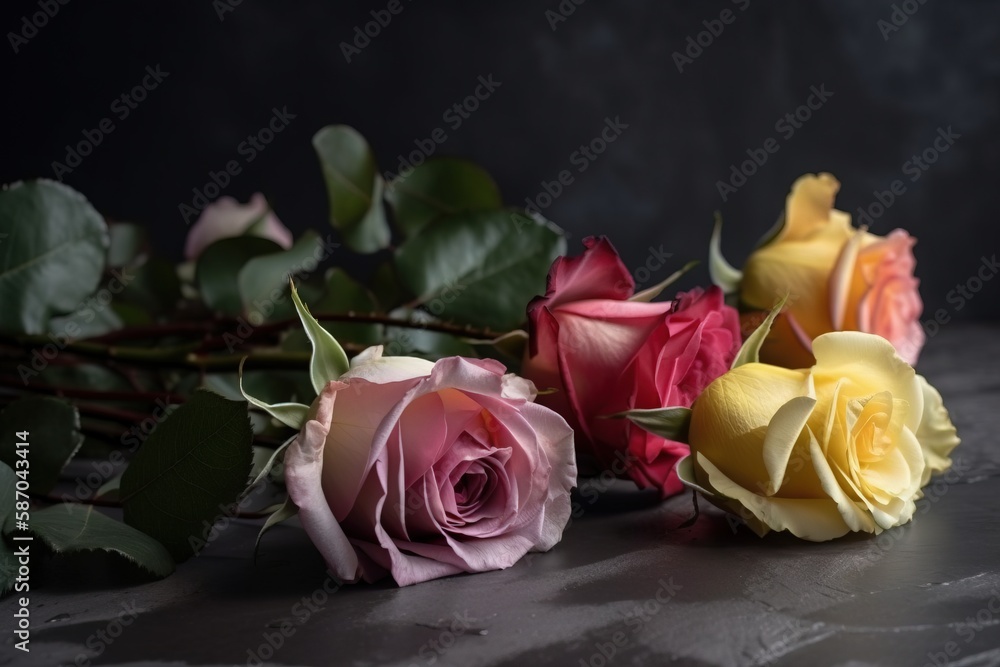  a bunch of flowers that are sitting on a table together, with leaves on the side of the flowers and