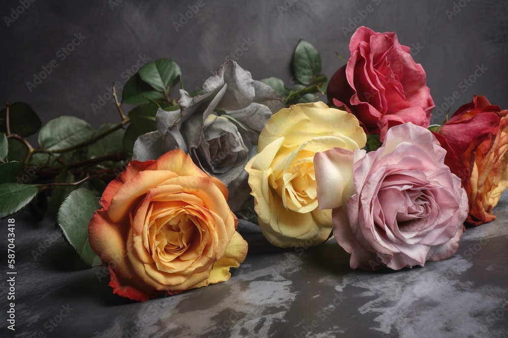  a group of roses sitting on top of a table next to each other on a gray surface with leaves on the 