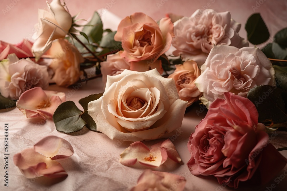  a bunch of pink and white flowers on a white table cloth with leaves and petals scattered around it