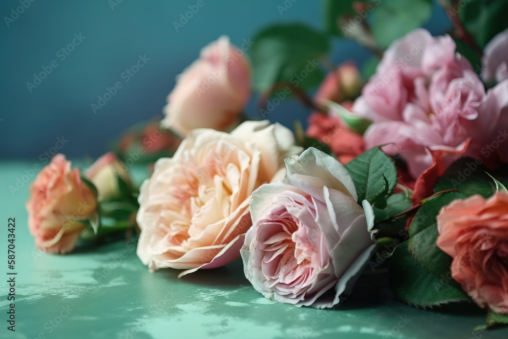  a bunch of pink and white roses on a table top with green leaves and water droplets on the surface 