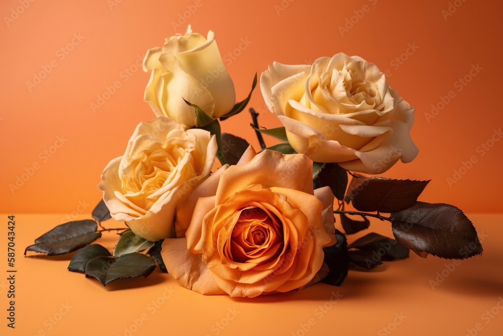  a group of yellow roses on a orange background with leaves and stems in the foreground, with a sing