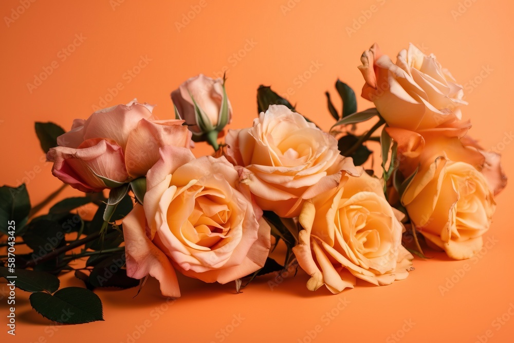  a bunch of flowers that are sitting on a orange surface with a few leaves on the top of the flowers