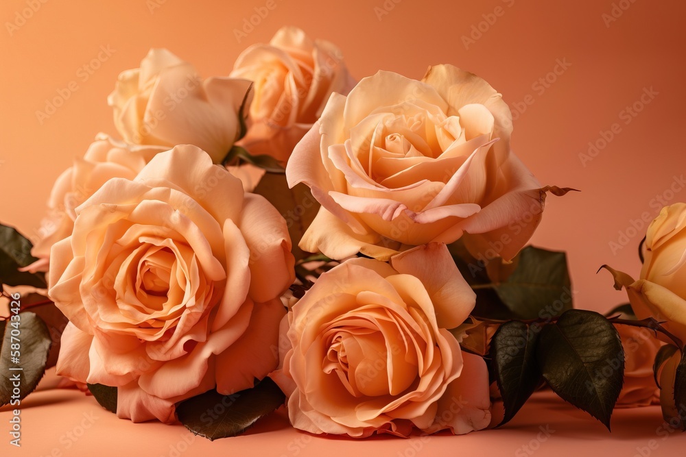  a group of peach colored roses on a pink background with leaves and stems in the foreground, with a