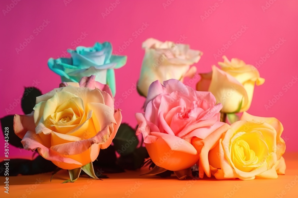  a group of colorful roses sitting on top of a pink table top next to a green leafy plant on top of 