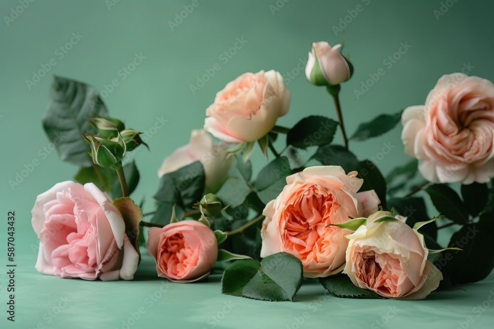  a bunch of pink roses with green leaves on a green background with a green background and a green b