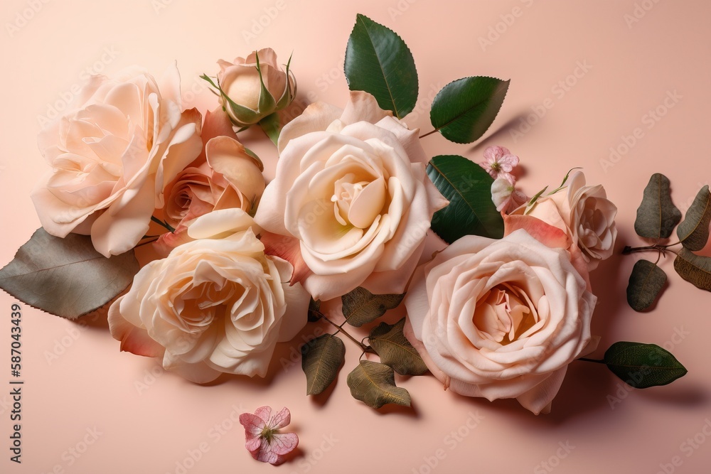  a bunch of pink roses with leaves on a pink background with a pink background and a pink background