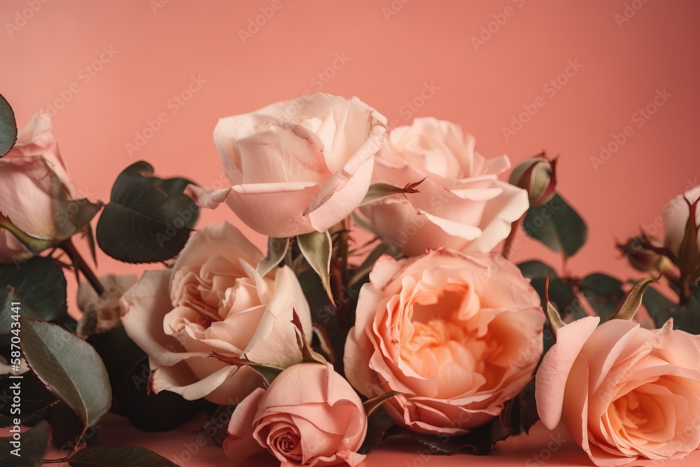  a bunch of pink roses on a pink background with leaves and stems in the center of the picture, with