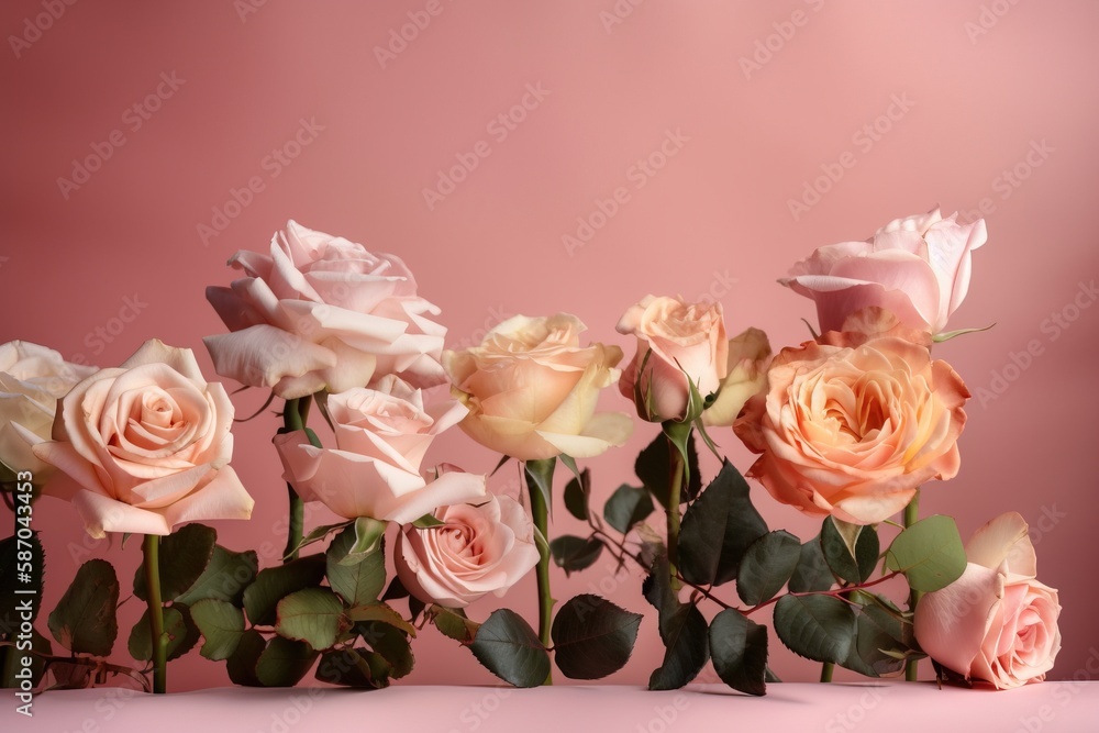  a group of pink roses with green leaves on a pink background with a pink background and a pink back