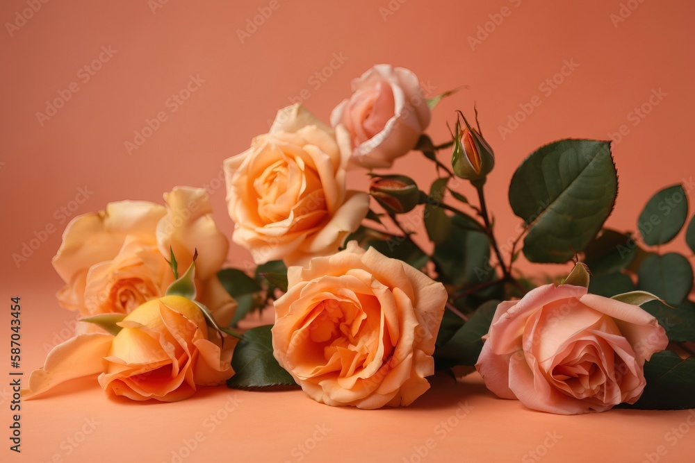  a group of roses sitting on top of a pink table top next to a green leafy plant on a pink backgroun