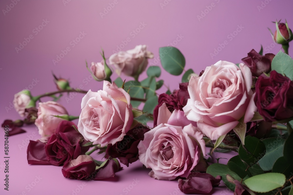  a bunch of pink and red roses on a purple background with leaves and stems on the side of the image