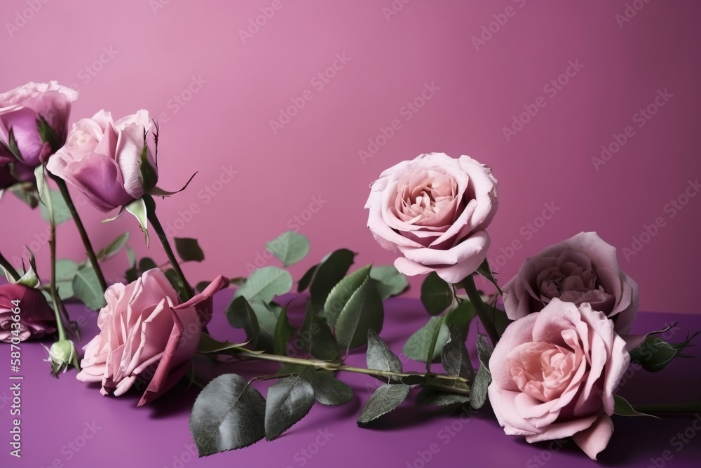  a group of pink roses on a purple surface with leaves and stems in the middle of the frame, on a pu