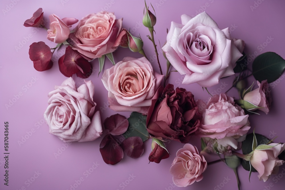  a bunch of pink and red flowers on a purple background with leaves and stems on the side of the flo