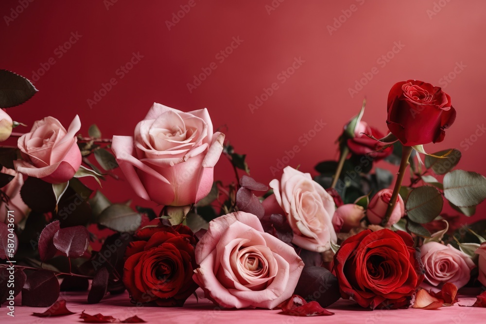  a bunch of roses that are sitting on a table with petals on it and a red background with a red wall