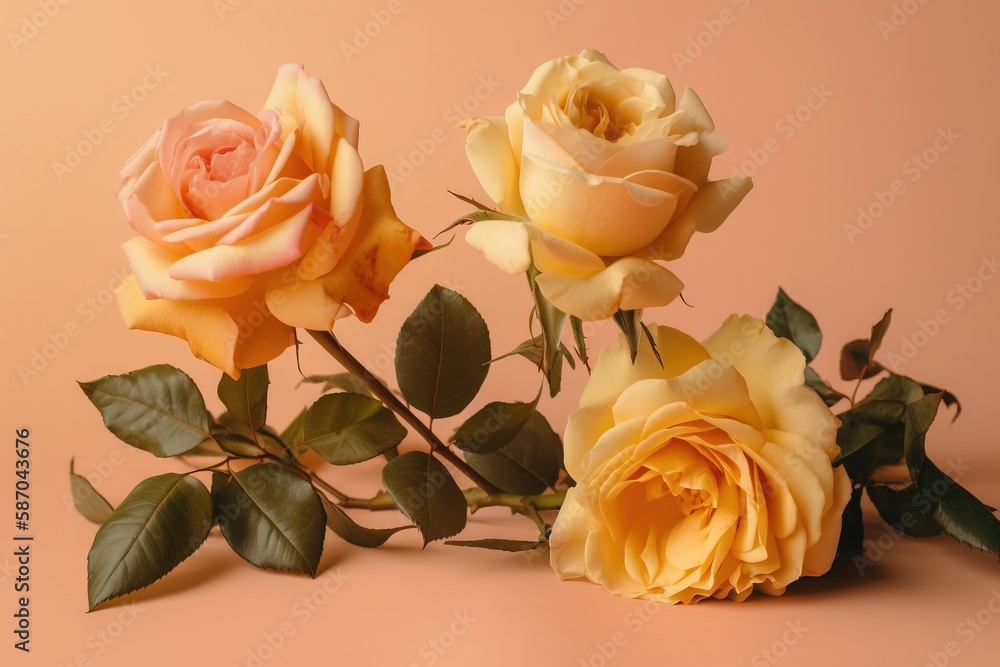  three yellow roses with green leaves on a pink background with copy - space in the middle of the im