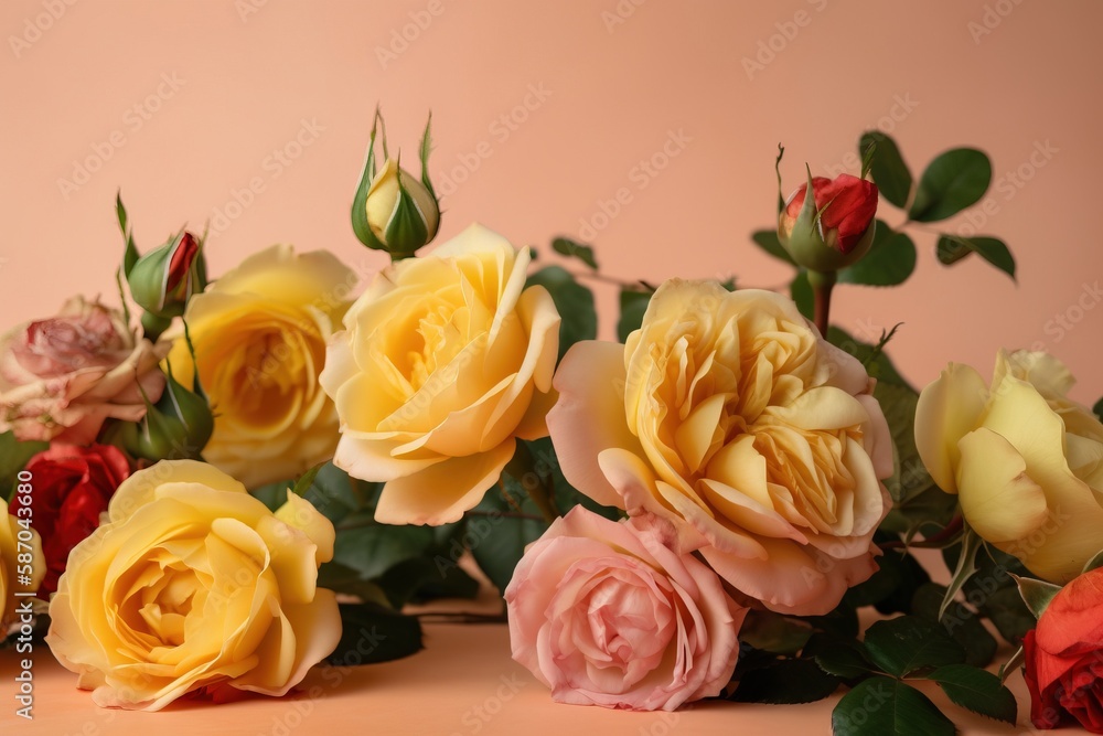  a bunch of flowers that are sitting on a table together with a pink wall in the backround of the ph