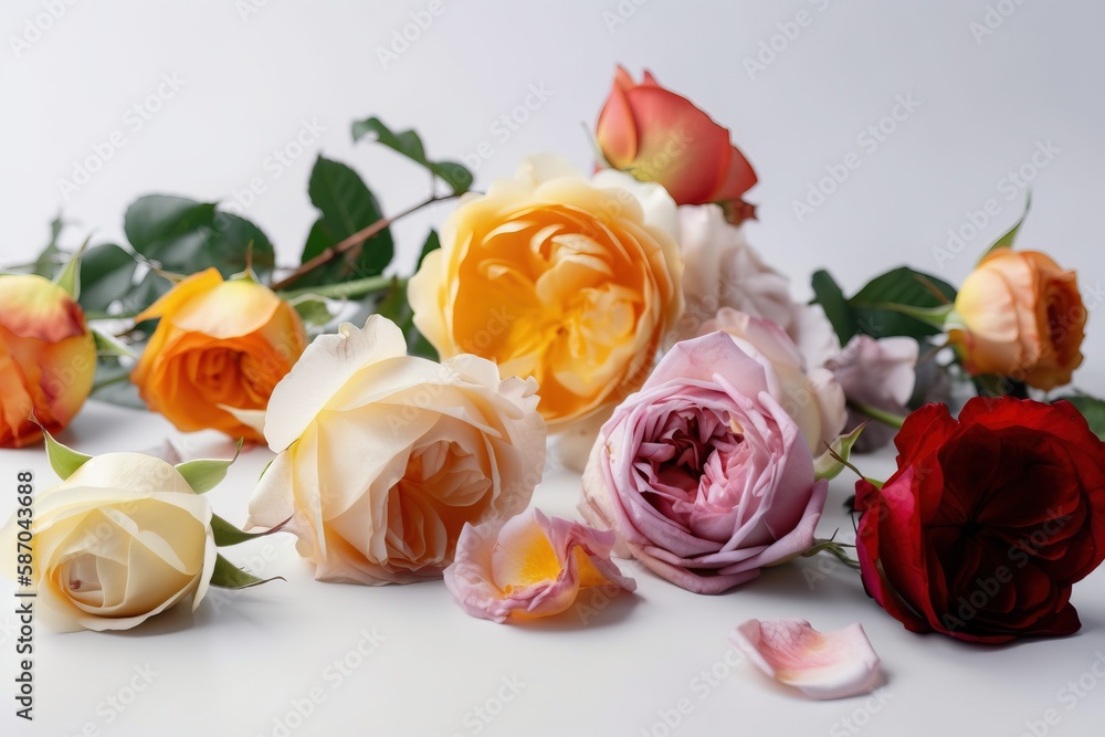  a bunch of different colored roses on a white surface with leaves and petals scattered around them 