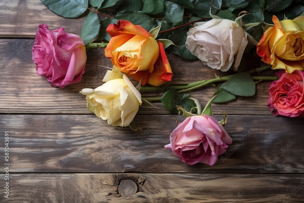  a bunch of different colored roses on a wooden surface with leaves and stems in the middle of the f