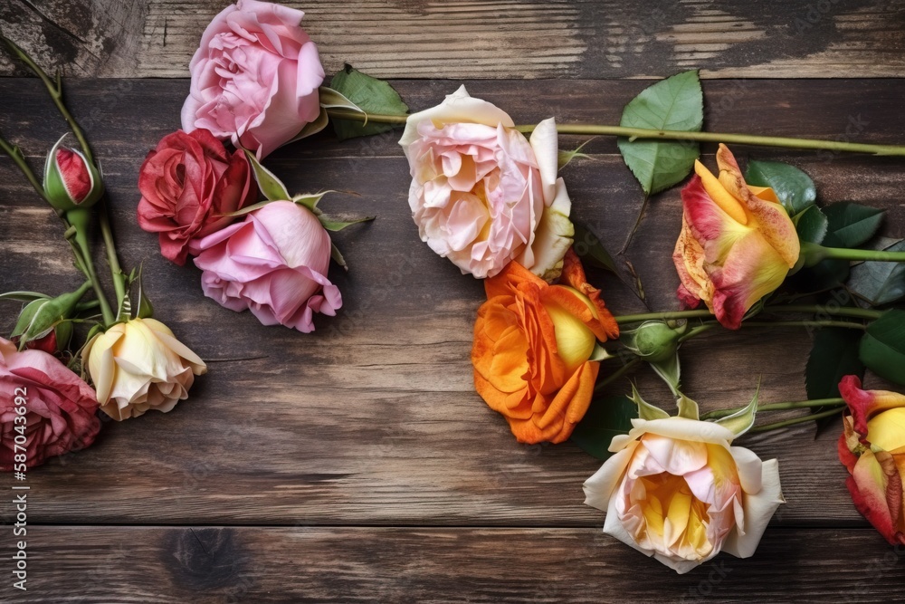  a bunch of flowers that are laying on a wooden surface with leaves and flowers in the middle of the