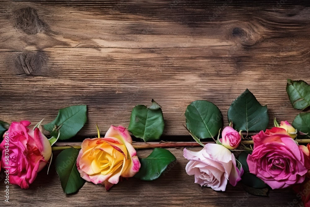  a bunch of flowers that are sitting on a wooden table with green leaves on top of it and a few pink