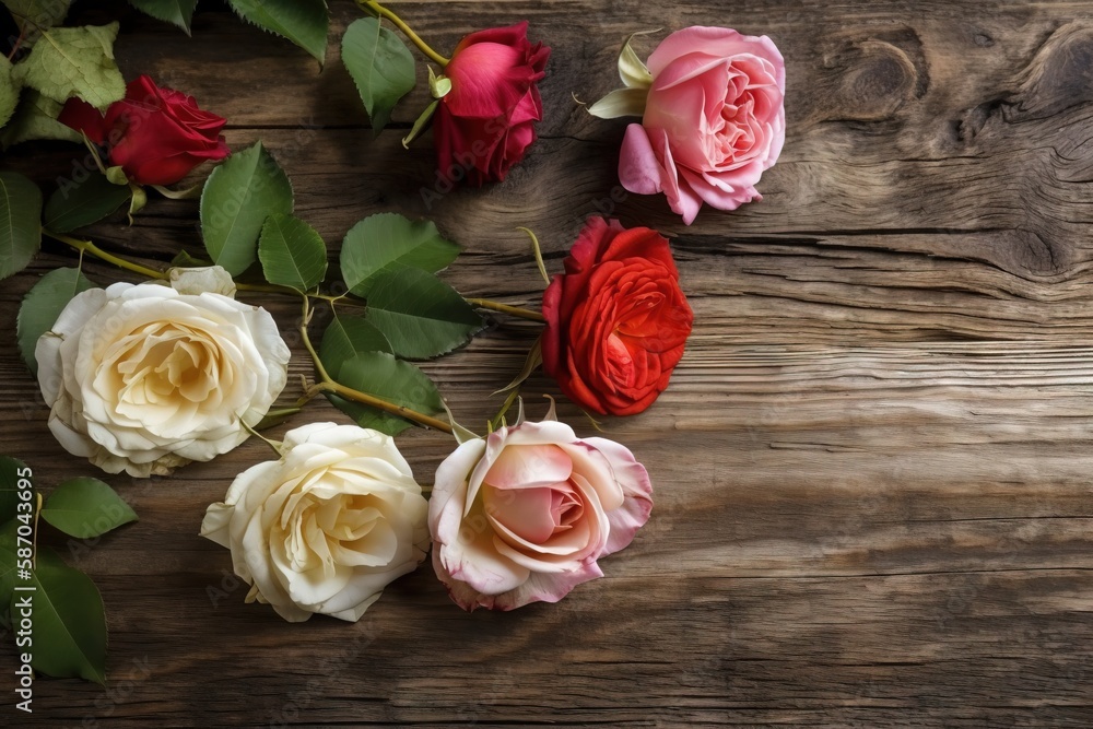  a bunch of roses on a wooden surface with leaves and stems on the side of the table, with one of th