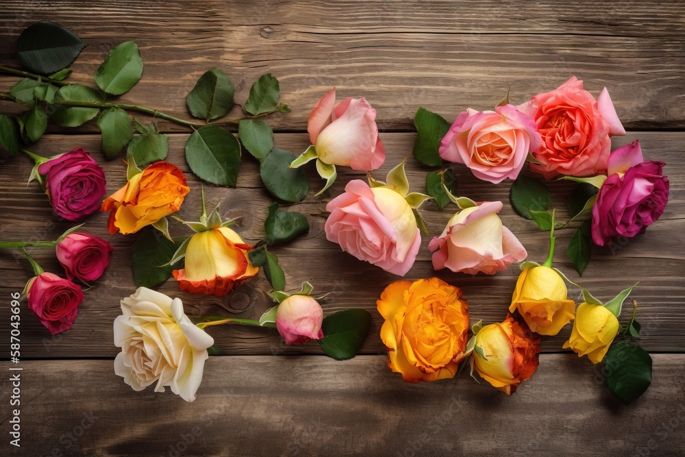  a bunch of different colored roses on a wooden surface with leaves and stems on the side of the fra