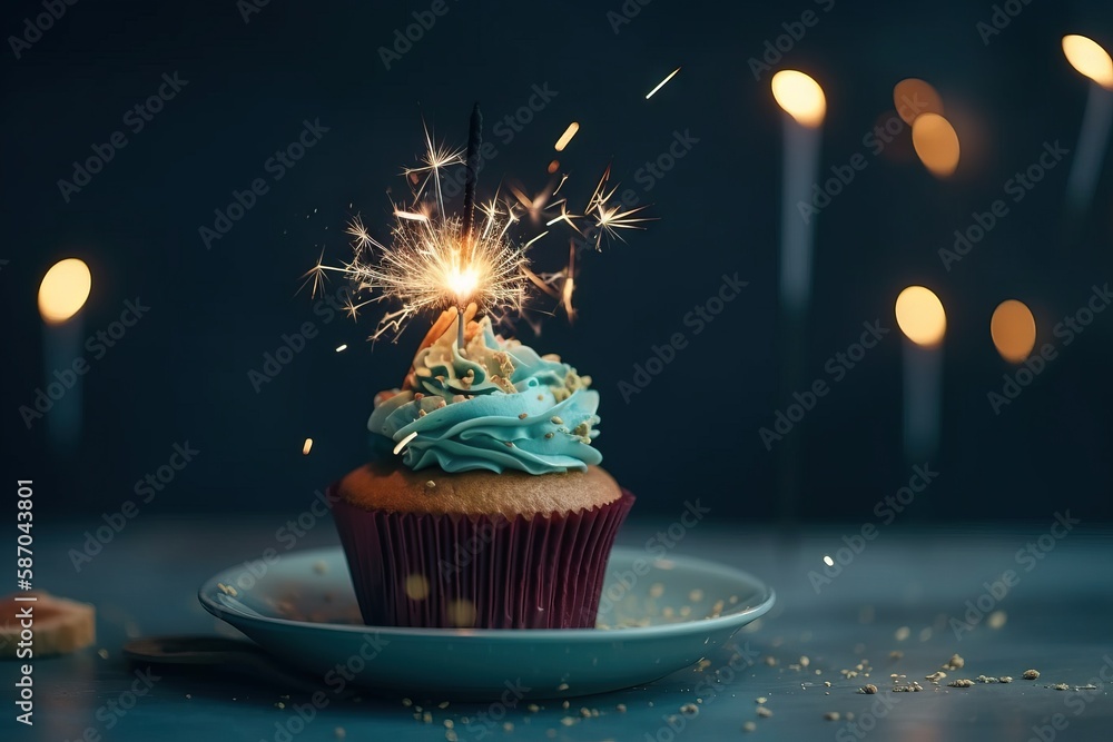  a cupcake with blue frosting and a sparkler on top of it on a plate with confetti sprinkles.  gener