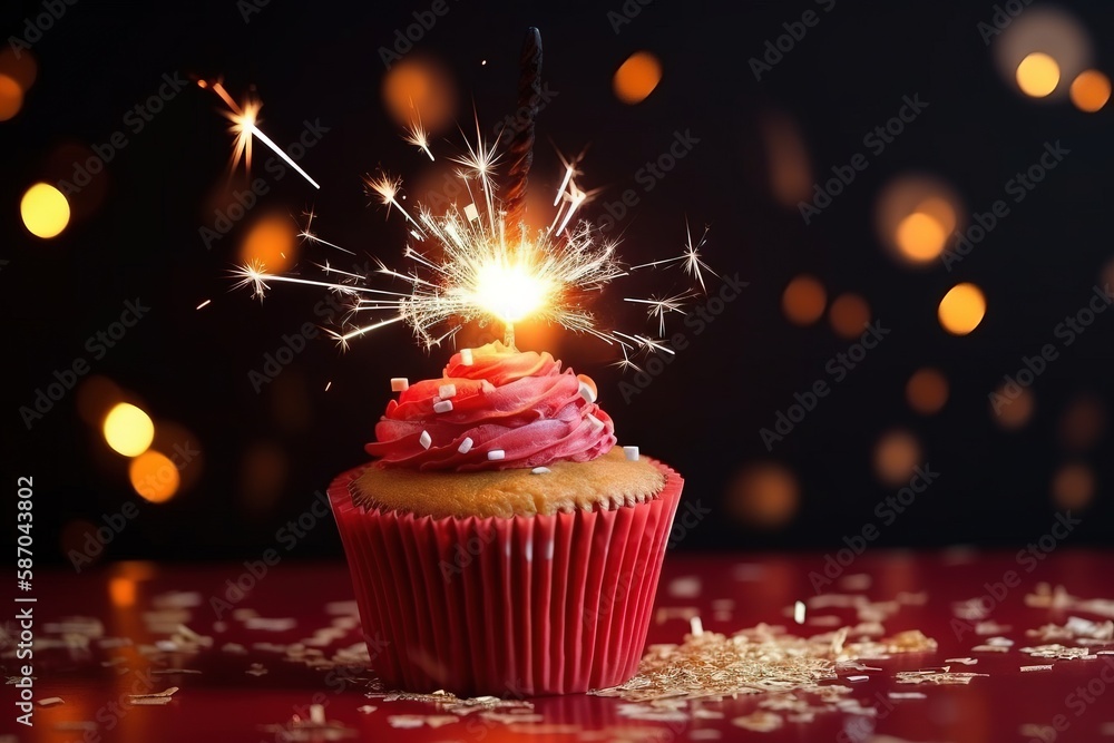  a cupcake with a sparkler on top of it on a table with confetti and confetti sprinkles.  generative