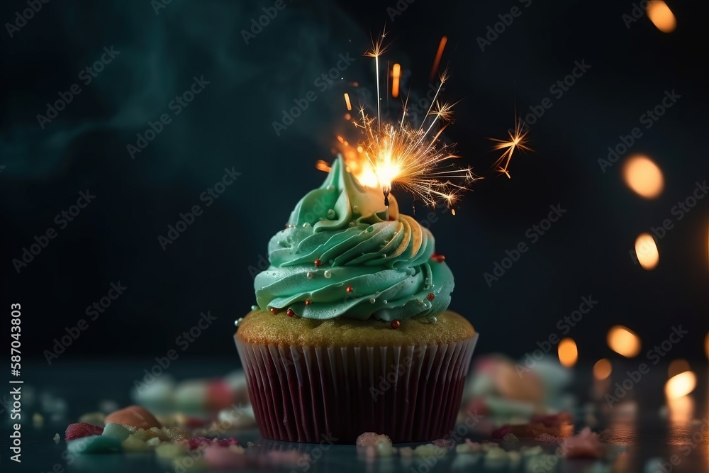  a cupcake with a green frosting and a sparkler on top of it, surrounded by confetti and confetti pi