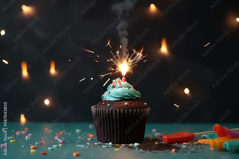  a cupcake with blue frosting and sprinkles on a table with confetti and a sparkler in the backgroun